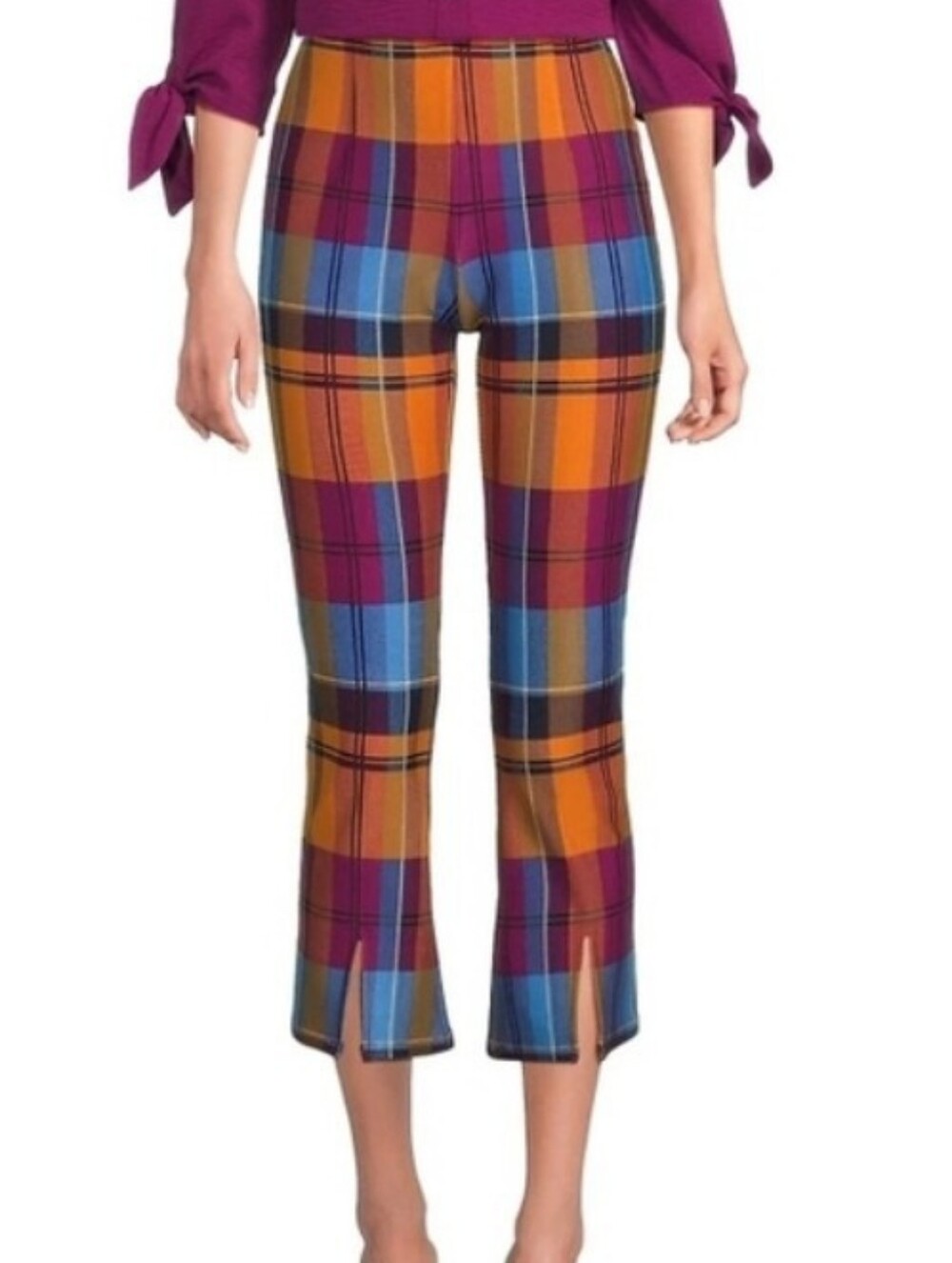 Investments Size L Plaid Cropped Pull On Kick-Flare Pants - Orange, Blue Magenta